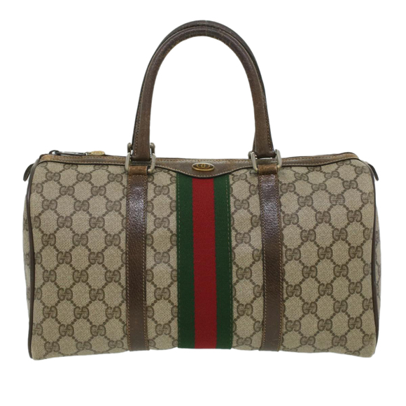 GUCCI Web Sherry Line GG Canvas Boston Bag PVC Leather Beige Green Auth rd4090 - Picture 13 of 16